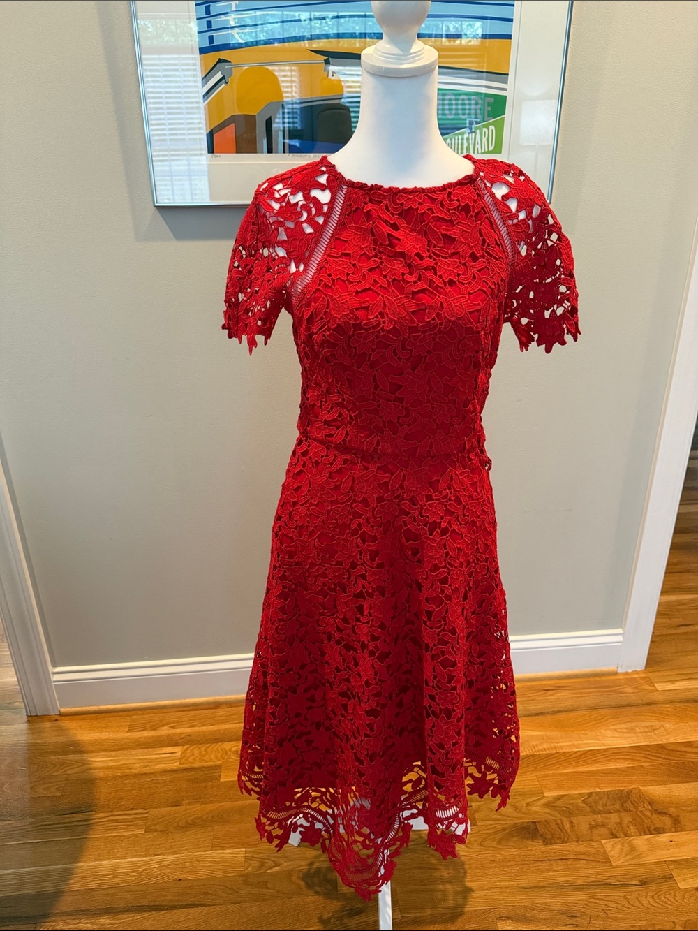 Eliza J Red Floral Lace Midi Dress with Scalloped Hem